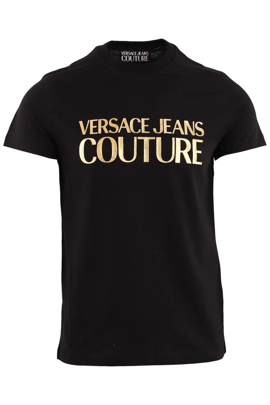 Camiseta negra con logo dorado metalizado