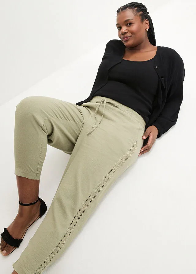 Pantalón de lino con encaje lateral, tobillero Caqui nuevo