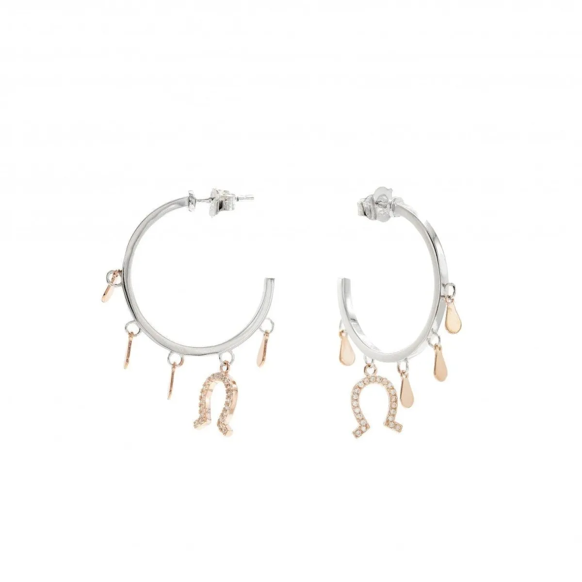 Pendientes aros con colgantes plata con motivo herradura de circonitas