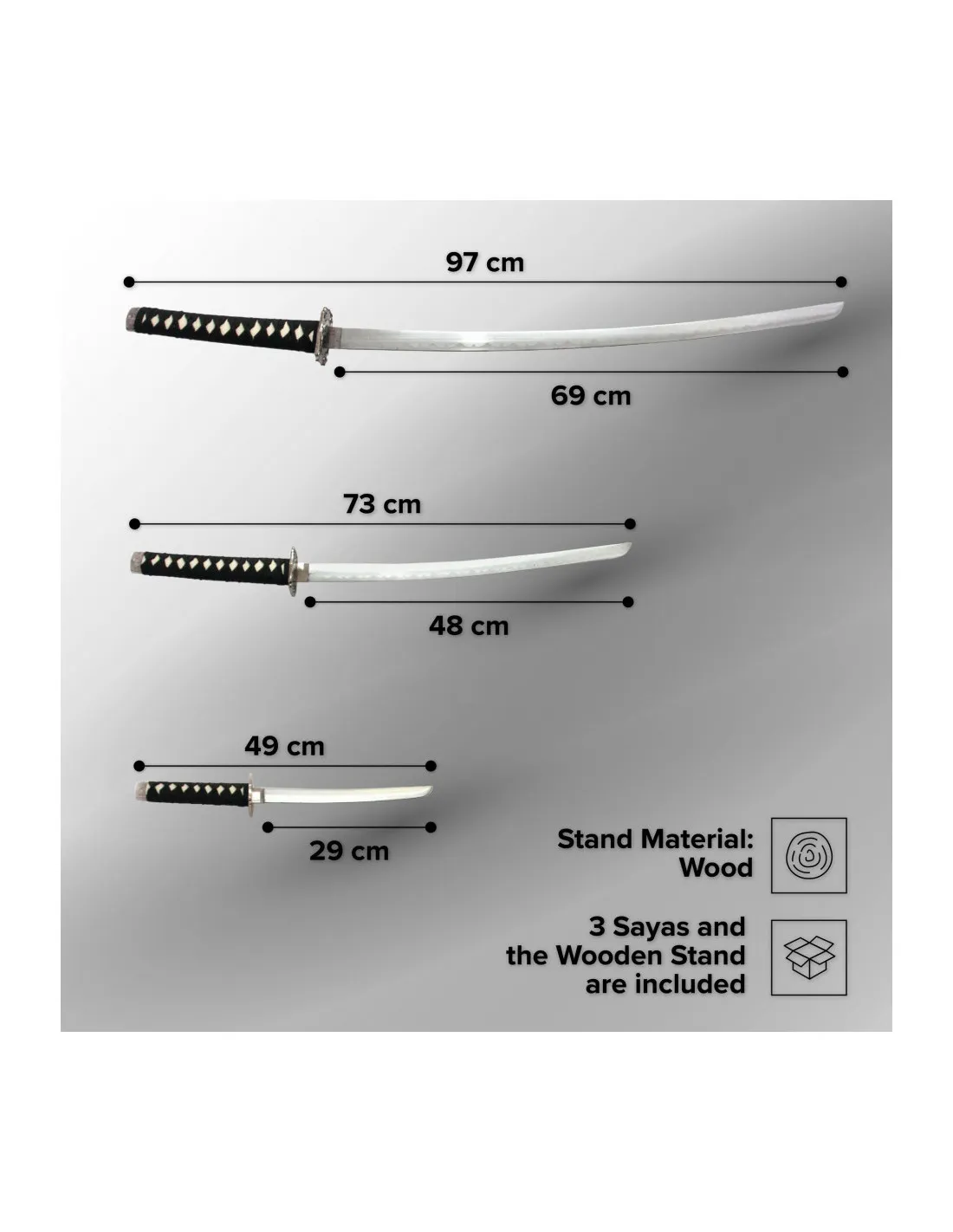 Set compuesto por Katana, Wakizashi y Tanto, incluye stand