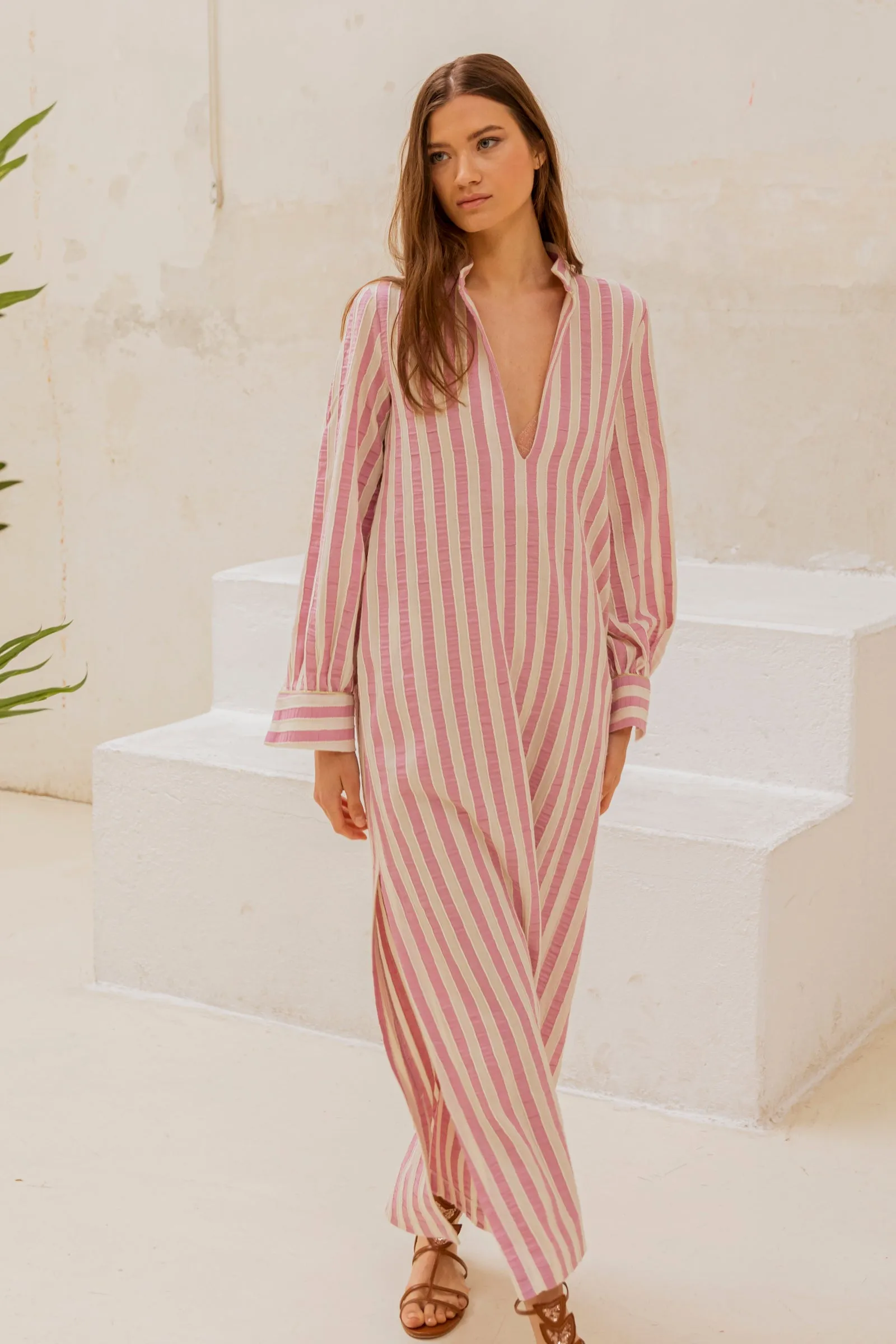 VESTIDO KAFTAN SORRENTO RAYAS ROSAS