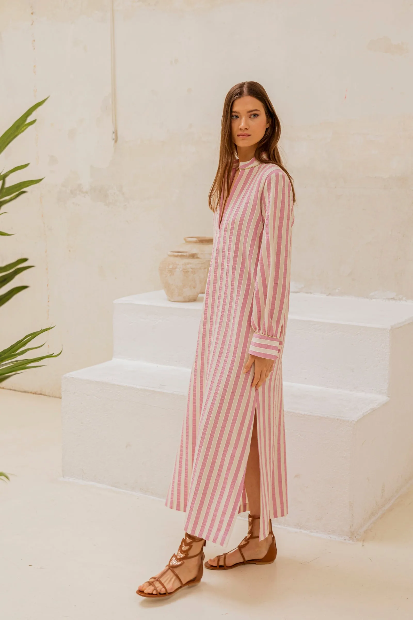 VESTIDO KAFTAN SORRENTO RAYAS ROSAS