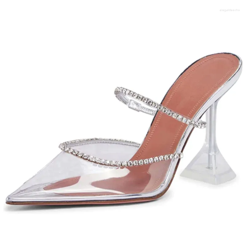 Zapatillas Europeas y americanas Half arrastra zapatos para mujeres con pavo de copa de vino de satén por diamantes de imitación